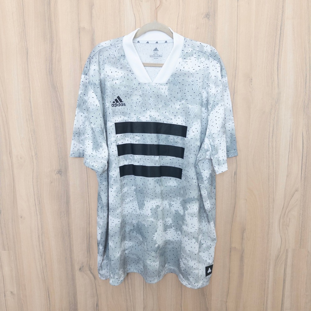 Adidas Men Soccer Jersey 2XL Grey Tango AOP Digital Camo Three Stripe Activewear